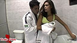 Wow, Patricinha gets her ass pounded in bathroom by Dhones Portella!