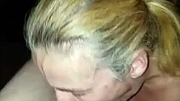 Blonde amateur milf wife sucks cock and swallows cum