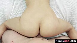 The pervert dude with a monster cock rails the hairless nanny's small tits in the bedroom, starting with a handjob and blowjob.