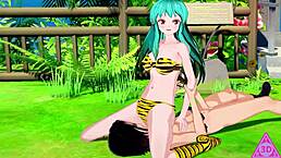 urusei yatsura lam� gets horny with blowjob, handjob, and cumshot in hentai