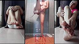 Nice Lady Bathes In Shower Room With Soap