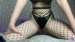 girl in pantyhose with big tits gets tired waiting for bf and uses dildo for fun