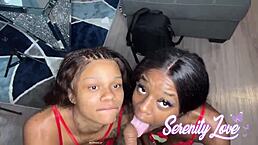 in this pov scene, two chicks suck one dick