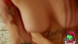 Petite brunette sucks tattooed guy's big cock in detailed blowjob scene