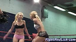 pussylicking sluts wrestle in a boxing ring, turning fight into lesbian fun