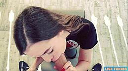 Lisa Takami, that fit step sister in yoga pants, is getting a pussy creampie on the hotel terrace