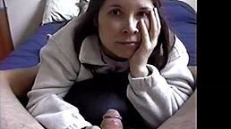 Brunette Strips And Sucks Her Best Friend's Boyfriend Until He Cums On Her Lips