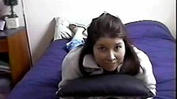 Brunette Strips And Sucks Her Best Friend's Boyfriend Until He Cums On Her Lips