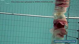 katya okuneva bathes in red dress at pool, underwater with bikini and shower