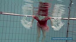 katya okuneva bathes in red dress at pool, underwater with bikini and shower