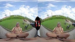 Purple haired latina babe flaunts big tits outdoors!