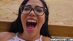 Hot brunette milf rides big cock in public doggystyle. 😈