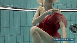 katya okuneva bathes in red dress at pool, underwater with bikini and shower