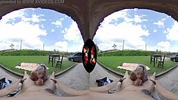 Purple haired latina babe flaunts big tits outdoors!