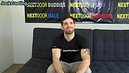 Solo tattooed muscular jock masturbates hard cock after casting interview