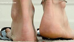 Watch the tall goddess crush with her giant dirty soles on the beach!