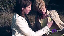 I'm fucking my brunette girlfriend outside with a strap-on