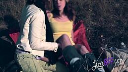 I'm fucking my brunette girlfriend outside with a strap-on