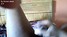 Transsexual Vixxen Jasel cumming while exposing her sexy tits in detailed scene