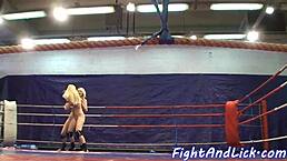 Big tit European lesbians naked wrestling intensely. They kiss and catfight passionately