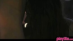 outdoor threesome by the pool with two brunette hotties