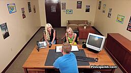 Two blondes seduce the principal for a wild FUCK session in the office.