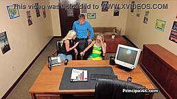 Two blondes seduce the principal for a wild FUCK session in the office.