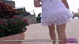 Hot blonde teen with big tits rides topless in backseat.