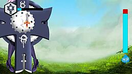 female knight undresses during click click battle fight.