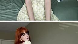 Redhead nympho with big tits and shaved pussy masturbates with toys