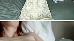 Redhead nympho with big tits and shaved pussy masturbates with toys