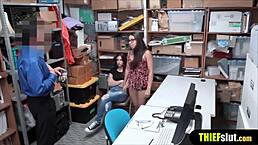 Geeky shoplifter chick and friend endure intense doggystyle fucking in glasses and bent over reality shop group ffm blowjob