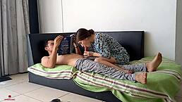 while studying for a big exam, my sister gives me a great blowjob