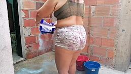 The very bitch of my stepsister cleans the patio of the house almost naked what a great ass while i watch he