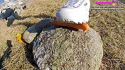 pretty girl playing with sweaty fila sneakers