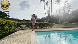 i tease my friend's monster cock in the pool, sucking it wet