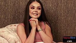 Stripping babe in heels and lingerie teases wanker