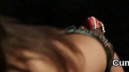 Feisty babe gets a sticky cumshot on her face, swallowing every drop of jism.