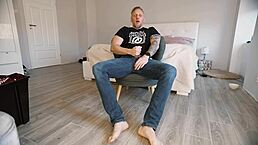 Big guy jerks bare foot with dirty talk to punish you