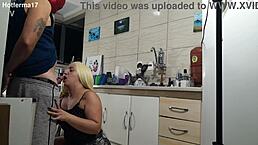 In the kitchen, the horny mother-in-law seduces with her big ass.