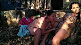 After massage, bent over for doggystyle sex outdoors with ebony lover. 😏