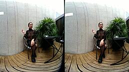 in this vr, a young girl smokes topless in her leather skirt