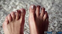 European babe gives footjob and gets jizzed on