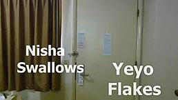 I watch nisha swallow in leather bondage roleplay.