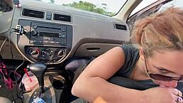 Blonde with big tits gives deepthroat blowjob in car!