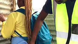 Guard protects student with quickie doggystyle cumshot outdoors.