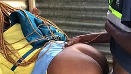 Guard protects student with quickie doggystyle cumshot outdoors.