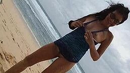 Gloria’s wild beach yoga features pink butt plug with no panties