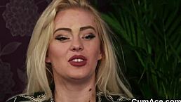 Feisty idol in bukkake, gulping cum from her face