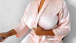 Chubby ebony lesbian masturbates with dirty talk.